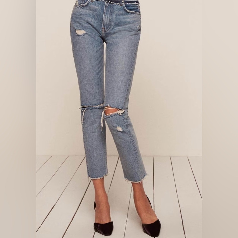 Reformation petite high cigarette casual ripped medium wash denim jeans 24